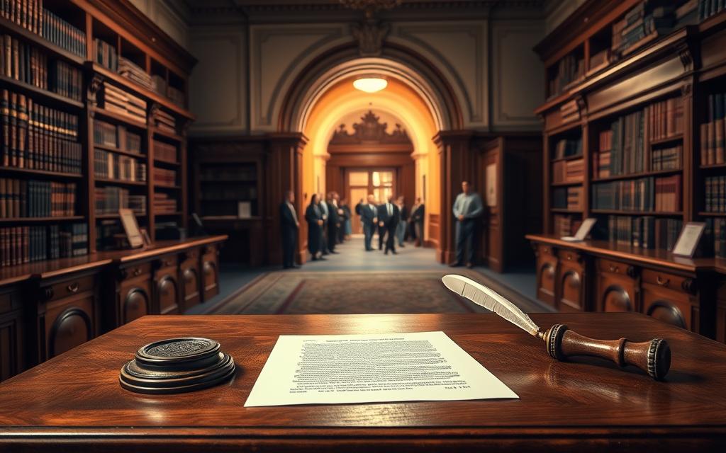 A Detailed And Authoritative Notary Public Office, With A Large Wooden Desk In The Foreground Featuring A Seal Stamp, Official Documents, And A Quill Pen. In The Middle Ground, Shelves Of Legal Books Line The Walls, Casting A Warm, Scholarly Glow. The Background Depicts A Grand, Ornate Archway Leading To An Outer Lobby, Where Citizens Are Waiting To Have Documents Certified. Soft, Directional Lighting Illuminates The Scene, Creating A Sense Of Gravitas And Importance. The Overall Atmosphere Conveys The Solemn Responsibility And Trusted Authority Of The Notary Public. A Detailed And Authoritative Notary Public Office, With A Large Wooden Desk In The Foreground Featuring A Seal Stamp, Official Documents, And A Quill Pen. In The Middle Ground, Shelves Of Legal Books Line The Walls, Casting A Warm, Scholarly Glow. The Background Depicts A Grand, Ornate Archway Leading To An Outer Lobby, Where Citizens Are Waiting To Have Documents Certified. Soft, Directional Lighting Illuminates The Scene, Creating A Sense Of Gravitas And Importance. The Overall Atmosphere Conveys The Solemn Responsibility And Trusted Authority Of The Notary Public.