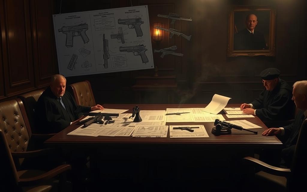 A Dimly Lit Courtroom, The Legal Framework Of Ghost Guns Laid Out On A Mahogany Table. Intricate Diagrams And Schematics Float Above, Illuminating The Technicalities. Judges' Robes Cast Long Shadows, Creating An Atmosphere Of Solemn Deliberation. The Lighting Is Warm Yet Somber, A Single Spotlight Highlighting The Critical Documentation. Faint Traces Of Gunpowder Linger In The Air, A Tangible Reminder Of The Complexities. The Scene Conveys The Gravity And Nuance Of The Ghost Gun Debate, Inviting The Viewer To Consider The Delicate Balance Between Personal Freedom And Public Safety.
