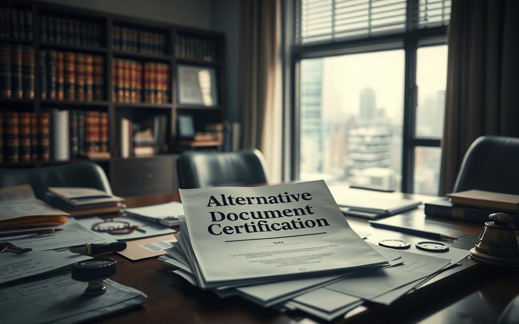 A Dimly Lit Office Setting, With A Desk Strewn With Various Documents, Stamps, And Seals. On The Desk, A Stack Of Papers Labeled &Quot;Alternative Document Certification&Quot; Sits Prominently. The Lighting Is Soft And Warm, Casting A Muted Glow Across The Scene, Creating An Atmosphere Of Bureaucratic Formality. In The Background, A Bookshelf Filled With Legal Tomes And A Window Offering A Glimpse Of A Rainy Cityscape Add Depth And Context. The Overall Composition Conveys The Idea Of An Official, Yet Alternative, Process For Verifying The Authenticity Of Important Documents. A Dimly Lit Office Setting, With A Desk Strewn With Various Documents, Stamps, And Seals. On The Desk, A Stack Of Papers Labeled &Quot;Alternative Document Certification&Quot; Sits Prominently. The Lighting Is Soft And Warm, Casting A Muted Glow Across The Scene, Creating An Atmosphere Of Bureaucratic Formality. In The Background, A Bookshelf Filled With Legal Tomes And A Window Offering A Glimpse Of A Rainy Cityscape Add Depth And Context. The Overall Composition Conveys The Idea Of An Official, Yet Alternative, Process For Verifying The Authenticity Of Important Documents.