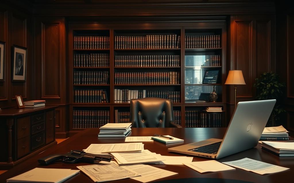 A Meticulously Crafted Image Of Recent Firearm Legislation Updates, Set Against A Dimly Lit, Wood-Paneled Office Backdrop. In The Foreground, An Executive Desk With A Laptop And Scattered Papers, Conveying A Sense Of Ongoing Research And Discussion. In The Middle Ground, A Bookshelf Filled With Law Volumes And Government Documents, Hinting At The Legal Complexities Involved. In The Background, A Large Window Overlooking A Cityscape, Suggesting The Far-Reaching Implications Of These Legislative Changes. The Lighting Is Subtle, With Warm Hues Casting A Serious, Authoritative Tone. The Composition Is Balanced, Drawing The Viewer'S Eye To The Critical Details At Hand.