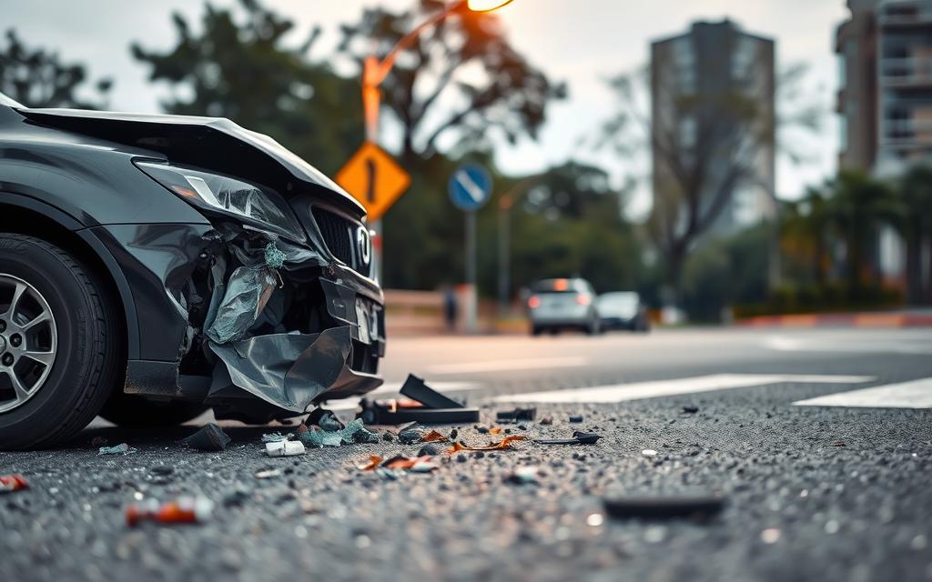 A Photo Documentation Of A Property Damage Accident Scene, Captured With A High-Resolution Digital Camera. The Foreground Shows A Crumpled, Partially Dented Car With Shattered Glass, Skid Marks On The Asphalt, And Debris Scattered Around. The Middle Ground Features A Road Sign And A Street Lamp Casting A Warm, Amber Glow Across The Scene. The Background Has Blurred Trees And Buildings, Creating A Sense Of Urban Environment. The Lighting Is Natural, With A Slight Overcast Sky, Creating Soft Shadows And Highlighting The Details Of The Damaged Vehicle. The Overall Mood Is One Of Severity And The Need For Thorough Documentation Of The Incident.